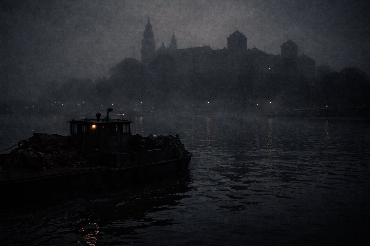 Die Weichsel in Krakau — winterlicher Fluss, träges schwarzes Wasser