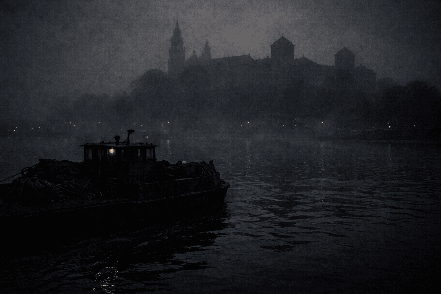 Die Weichsel in Krakau — winterlicher Fluss, träges schwarzes Wasser